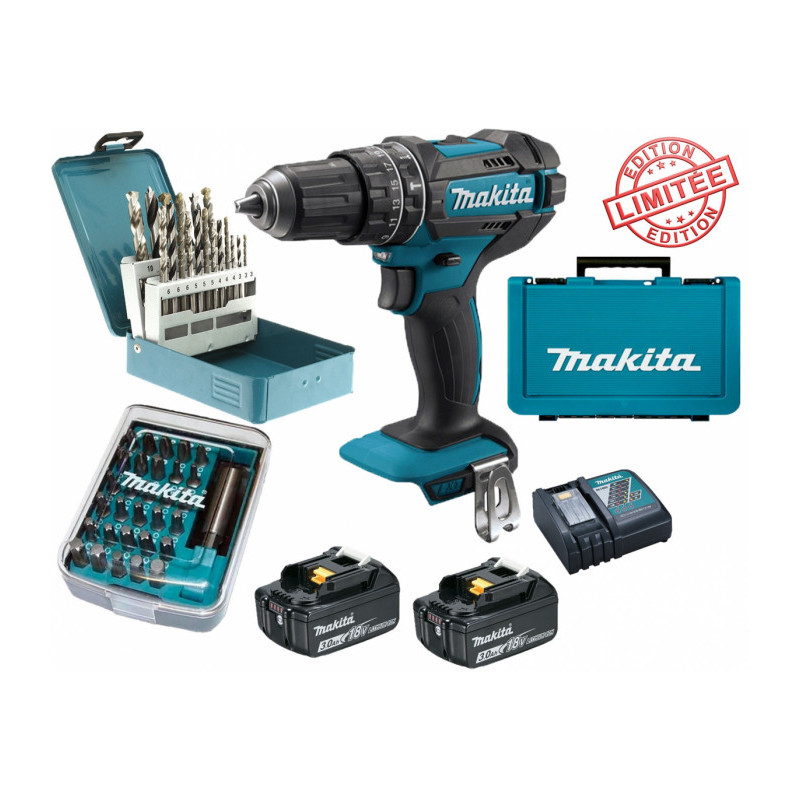 Perceuse visseuse à percussion Makita 18V 62Nm DHP482 + 2 batt 3 Ah + 30 embouts de vissage + 18 for