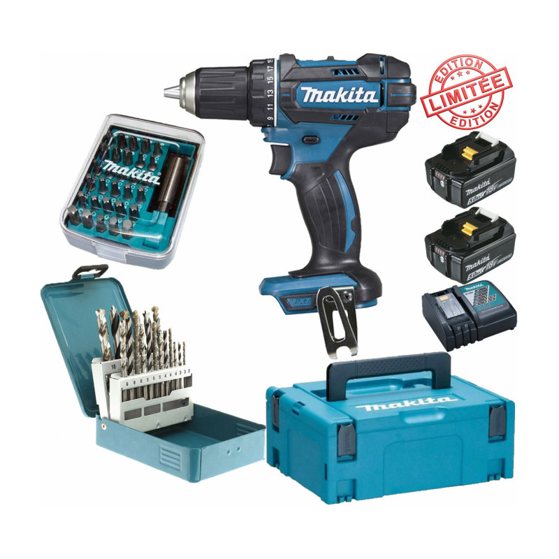 Perceuse visseuse Makita 18V 62Nm DDF482 + 2 batt 5 Ah + 30 embouts de vissage + 18 forets D-46202 E