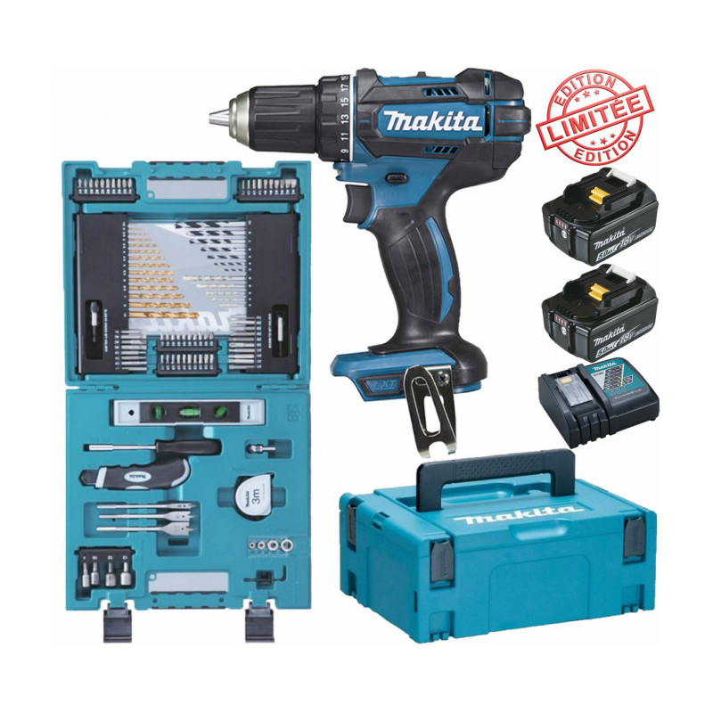 MAKITA - Visseuse-perceuse a percussion 18V 42Nm + acc supl en coffret 2x  BL1830 + 1x DC18RC - Tout Faire Matériaux Namur