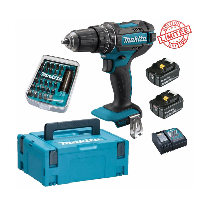 Perceuse visseuse à percussion Makita 18V 62Nm DHP482 + 2 batt 5 Ah + 30 embouts de vissage + porte-