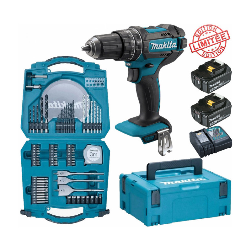 Perceuse visseuse à percussion Makita 18V 62Nm DHP482 + 2 batt 5 Ah + coffret 71 accessoires perçage