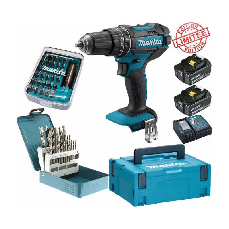 Perceuse visseuse à percussion Makita 18V 62Nm DHP482 + 2 batt 5 Ah + 30 embouts de vissage + 18 for