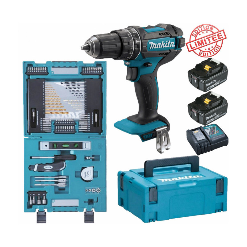 Perceuse visseuse à percussion Makita 18V 62Nm DHP482 + 2 batt 5 Ah + Coffret 104 accessoires de per