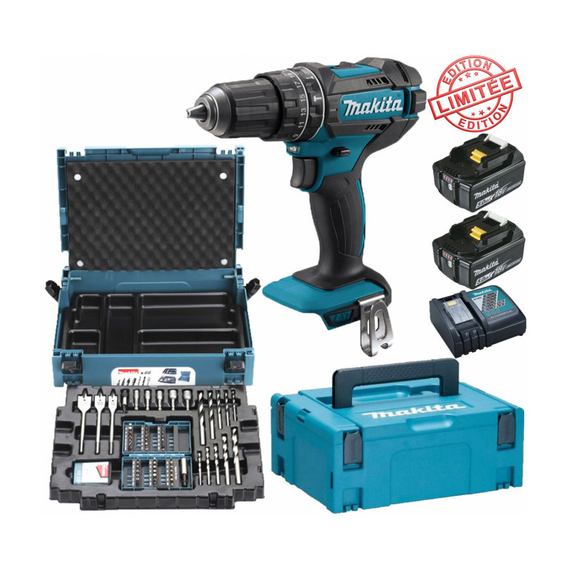 Perceuse visseuse à percussion Makita 18V 62Nm DHP482 + 2 batt 5 Ah + coffret 66 accessoires MAKPAC 