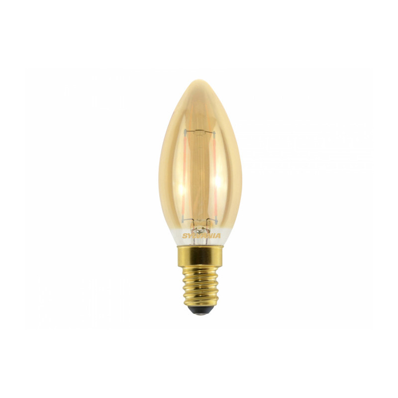 Ampoule à filament led Retro Flamme Ambré E14 825 2,5W égal à 22W SYLVANIA. TOLEDO Retro Flamme Ambré 2,5W 225lm 825 E14 Gamme de lampes à filament LED. Finition avec effet filament pour un rendu visuel semblable à une lampe traditionnelle. Jusqu?à 90% d?économies d?énergie par rapport aux lampes à incandescence. IRC > 80. Distribution lumineuse parfaitement homogène et extrêmement large - diffusion sur 300°. Allumage immédiat à 100% du flux. Longue durée de vie : 15.000 heures - 50.000 cycles d'allumage/extinction. Idéale pour le remplacement des lampes à incandescence jusqu'à 100W. Technologie : LED. Culot :E14. Puissance nominale :2,5W. Equivalent :22W. Type de luminaire : Ouvert. Application générale: - Café, Hôtel, restaurant. - Résidentiel&consommateur. Flux lumineux :225 Lumens. Température de couleur :2500K. Couleur :Bougie. Tension :230V. Durée de vie moyenne :15 000 Heures. Angle de faisceau :300°. + produit: Longue durée de vie. Economie d'énergie. Bonne distribution lumineuse. Allumage immédiat.