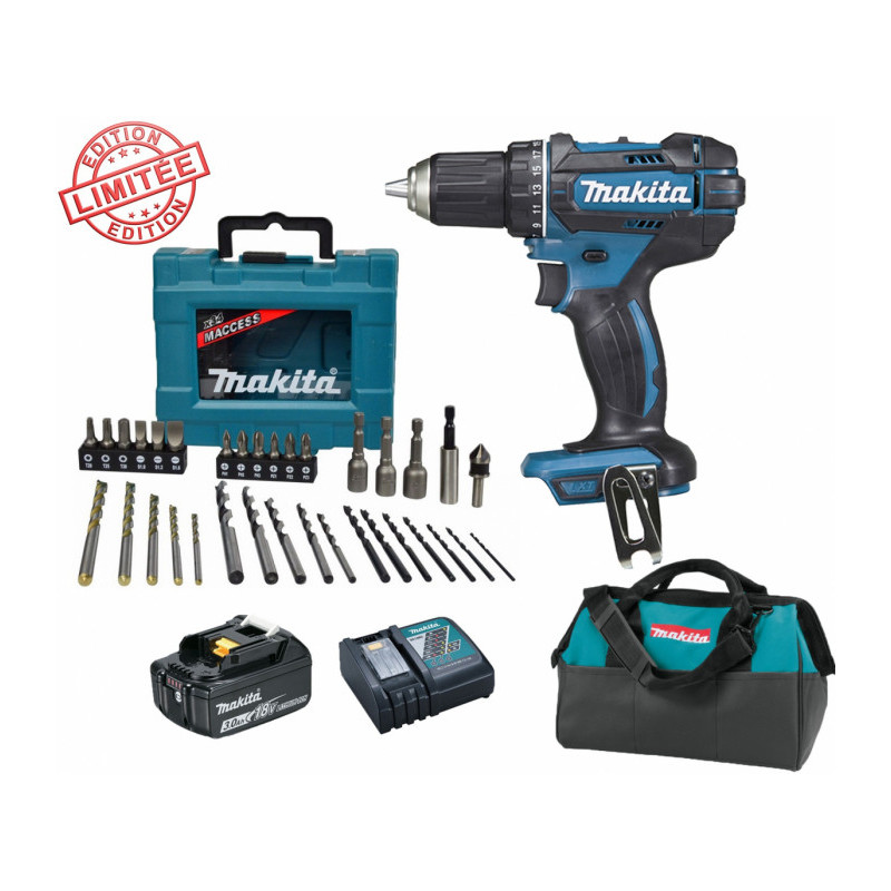 Perceuse visseuse Makita 18V 62Nm DDF482 + 1 batt 3 Ah + Coffret 34 accessoires de perçage vissage M