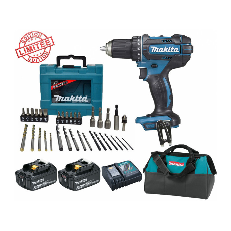 Perceuse visseuse Makita 18V 62Nm DDF482 + 2 batt 3 Ah + Coffret 34 accessoires de perçage vissage M