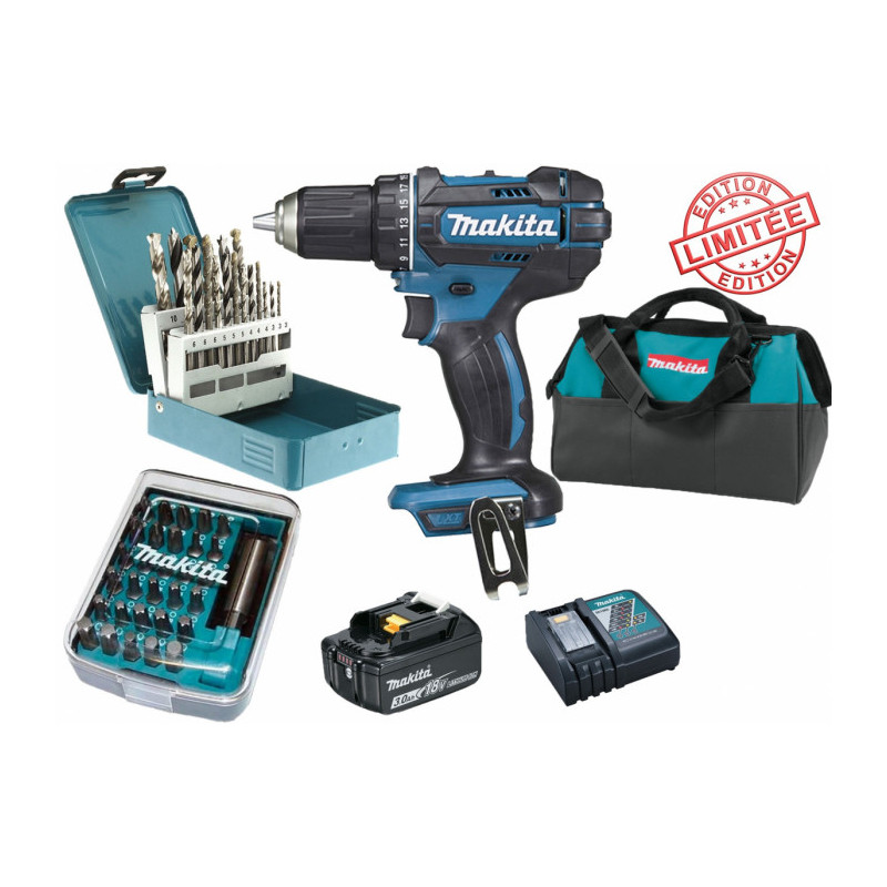 Perceuse visseuse Makita 18V 62Nm DDF482 + 1 batt 3 Ah + 30 embouts de vissage + 18 forets D-46202 +