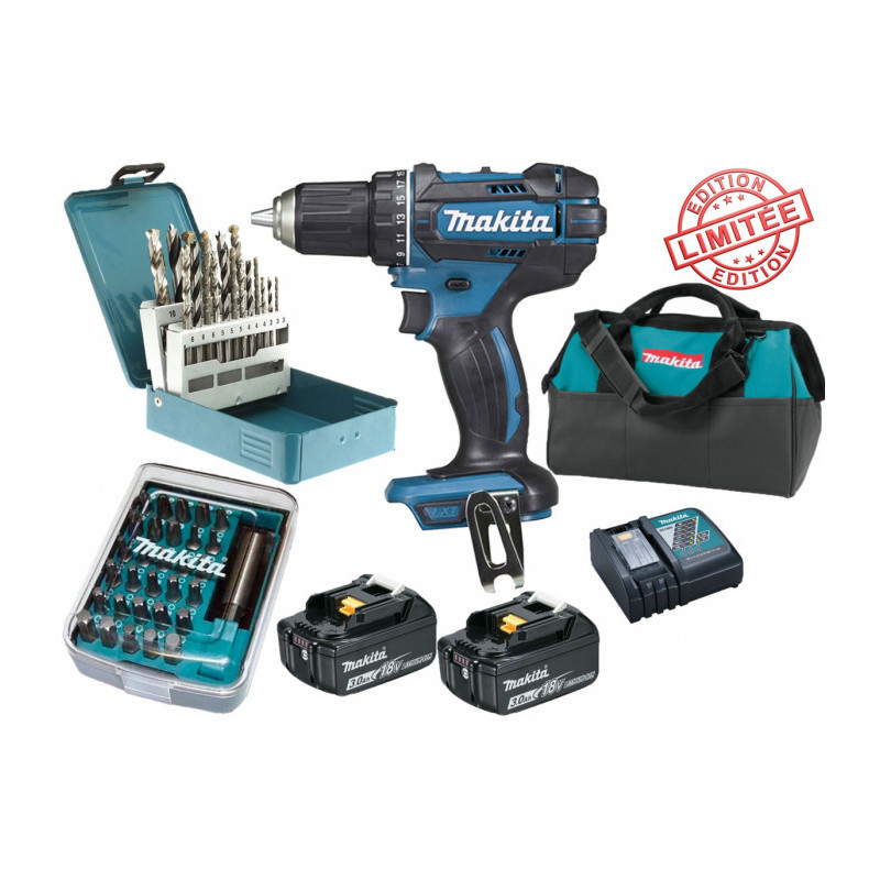 Perceuse visseuse Makita 18V 62Nm DDF482 + 2 batt 3 Ah + 30 embouts de vissage + 18 forets D-46202 +