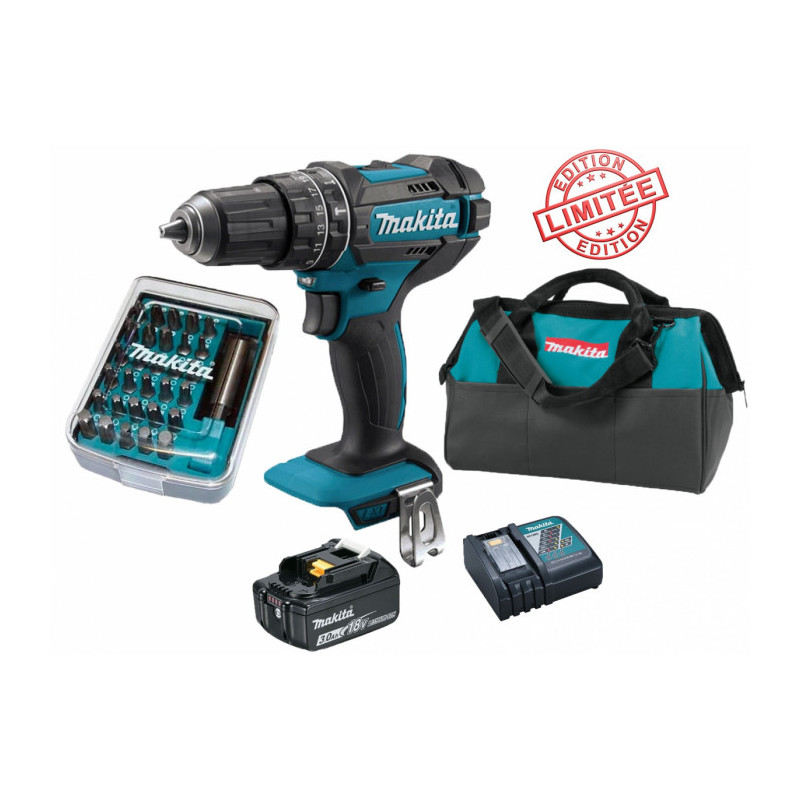 Perceuse visseuse à percussion Makita 18V 62Nm DHP482 + 1 batt 3 Ah + 30 embouts de vissage + porte-