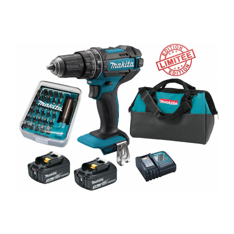 Perceuse visseuse à percussion Makita 18V 62Nm DHP482 + 2 batt 3 Ah + 30 embouts de vissage + porte-