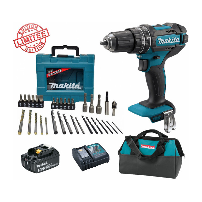 Perceuse visseuse à percussion Makita 18V 62Nm DHP482 + 1 batt 3 Ah + Coffret 34 accessoires de perç