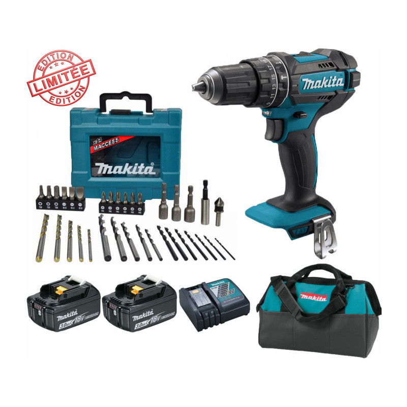 Perceuse visseuse à percussion Makita 18V 62Nm DHP482 + 2 batt 3 Ah + Coffret 34 accessoires de perç