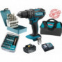 Pack Perceuse visseuse à percussion Makita 18V 62Nm DHP482 + 1 batt 3 Ah + 30 embouts de vissage + 18 forets + sac