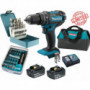 Pack Perceuse visseuse percussion Makita 18V 62Nm DHP482 + 2 batt 3 Ah + 30 embouts de vissage + 18 forets + sac