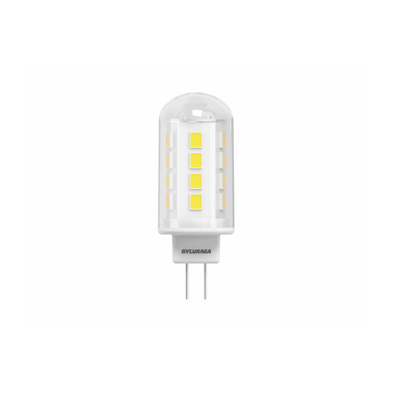 Ampoule led G4 2,2W égal à 21W 827 SYLVANIA. TOLEDO G4 200LM 827 BL Remplacement de la modernisation des LED pour les capsules halogènes basse tension. Design compact. Distribution lumineuse omnidirectionnelle. 200lm = lampe halogène G4 21W. Efficacité lumineuse élevée: 91lm / W. 90% d'économie d'énergie. Non-dimmable Convient pour les lustres, les présentoirs intérieurs, les vitrines, les applications d'éclairage décoratif et général. Technologie : LED. Culot :G4. Puissance nominale :2,2W. Equivalent :21W. Type de luminaire : Ouvert. Application générale: - Café, Hôtel, restaurant. - Résidentiel&consommateur. - Musées & Galeries. - Commerce. Flux lumineux :200 Lumens. Température de couleur :2700K. Couleur :Blanc chaud. Tension :12V. Durée de vie moyenne :15 000 Heures. + produit: Longue durée de vie. Economie d'énergie.