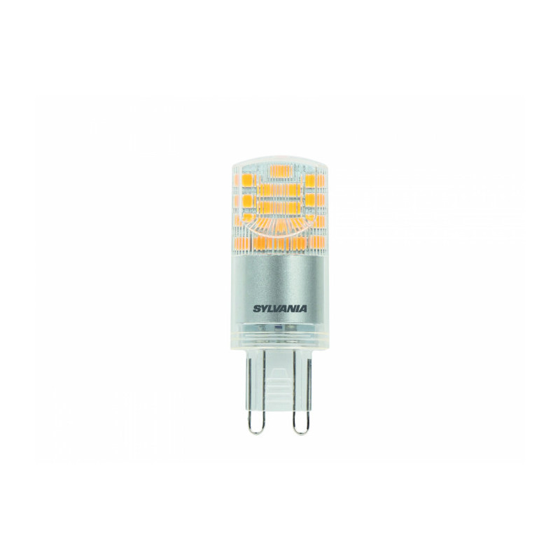 Ampoule led G9 3,8W égal à 40W 827 SYLVANIA. TOLEDO G9 470LM 827 BL. Remplacement de la modernisation des LED pour les capsules de tension secteur halogène. Design compact. Distribution lumineuse omnidirectionnelle. 470lm = lampe halogène G9 40W. Efficacité lumineuse élevée: 124lm / W. 90% d'économie d'énergie. Non dimmable Convient pour les lustres, les présentoirs intérieurs, les vitrines, les applications d'éclairage décoratif et général. Technologie : LED. Culot: G9. Puissance nominale :3,8W. Equivalent :40W. Type de luminaire : Ouvert. Application générale: - Café, Hôtel, restaurant. - Résidentiel&consommateur. - Musées & Galeries. - Commerce. Flux lumineux :470 Lumens. Température de couleur :2700K. Couleur :Blanc chaud. Tension :230V. Durée de vie moyenne :15 000 Heures. + produit: Longue durée de vie. Economie d'énergie.