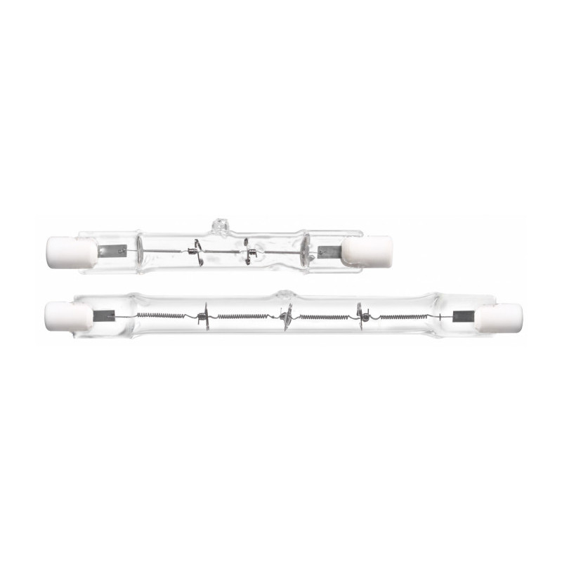 Ampoule Halogène 118mm R7S 400W égal à 500W 230V Dim SYLVANIA. DE 118MM ECO 230V 400W R7S Lampe halogène tension réseau - haute performance. Double culot (DE : double ended). Pour un remplacement direct des lampes halogènes linéaires existantes. Technologie Xénon permettant de réaliser 20% d'économies d'énergie par rapport à un modèle standard. Lumière blanche pétillante. Durée de vie moyenne : 2.000 heures. Ne nécessite pas de transformateur. 100% gradable. Technologie : Halogène. Culot :R7S. Puissance nominale :400W. Equivalent :500W. Type de luminaire : Fermé. Application générale: - Café, Hôtel, restaurant. - Résidentiel&consommateur. - Musées & Galeries. - Commerce. Flux lumineux :8800 Lumens. Température de couleur :3000K. Couleur: Blanc chaud Tension :230V. Durée de vie moyenne :2 000 Heures. + produit: Economie d'énergie. 100% gradable.