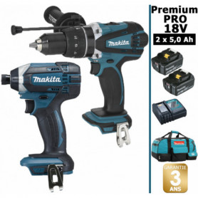 Pack Makita Premium Pro 18V 5Ah: Perceuse à percussion 91Nm DHP458 + Visseuse à chocs 165Nm DTD152 + 2 batteries + sac MAKITA Pack Makita Premium Pro 18V 5Ah: Perceuse à percussion 91Nm DHP458 + Visseuse à chocs 165Nm DTD152 + 2 batteries + sac MAKITA