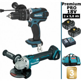 Pack Makita Premium Pro 18V 5Ah: Perceuse à percussion 91Nm DHP458 + Meuleuse 125mm DGA506 + 2 batteries + sac MAKITA Pack Makita Premium Pro 18V 5Ah: Perceuse à percussion 91Nm DHP458 + Meuleuse 125mm DGA506 + 2 batteries + sac MAKITA