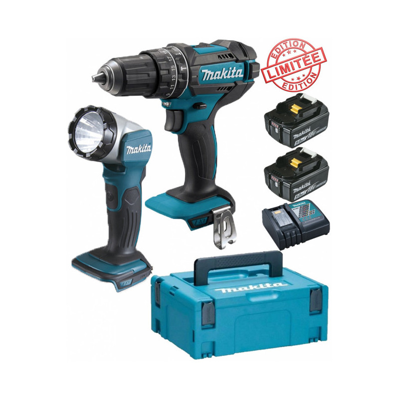 Perceuse visseuse à percussion Makita 18V 62Nm DHP482 + 2 batt 5 Ah + Lampe torche LED DEADML802 MAK