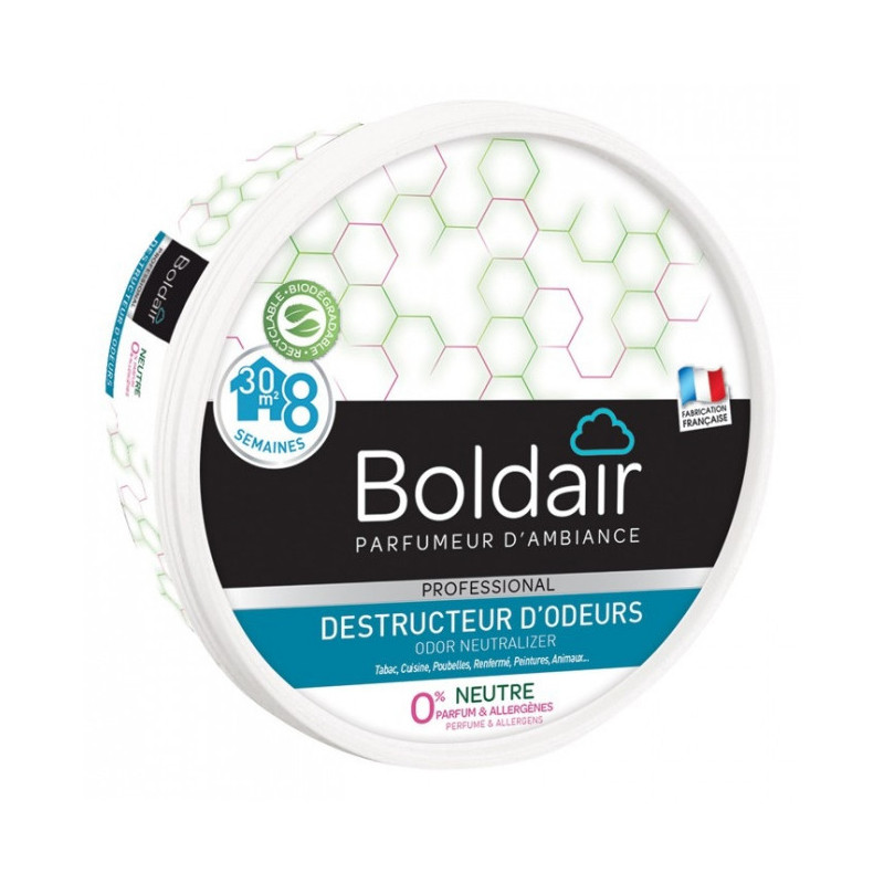 Destructeur d'odeurs gel 300g neutre sans parfum ni allergène BOLDAIR. Neutralise toutes les mauvaises odeurs (tabac, cuisine, moisissures?) Diffuse un agréable parfum Thé vert & Aloe Vera : note vivifiante. Biodégradable et non toxique Action permanente longue durée : jusqu?à 8 semaines Contenance 300g Boldair gel destructeur d?odeurs est un destructeur d?odeurs permanent sous forme de gel solide. Il ne masque pas les mauvaises odeurs mais les détruit radicalement. Fonctionne par évaporation de ses agents actifs naturels : ils entrent en contact avec les molécules malodorantes en suspension dans l?air et les détruisent. Grâce à sa grille de diffusion, le gel s?évapore de façon régulière ayant ainsi une efficacité permanente et durable (jusqu?à 8 semaines). Il est efficace sur toutes les mauvaises odeurs : tabac, cuisine, poubelles, toilettes, moisissures, renfermé, animaux, peinture? Non toxique et biodégradable, il ne dégage pas de gaz. S?utilise partout ou les odeurs persistent : maison, voiture, bureau, vestiaires, collectivités?