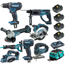 Pack Makita 8 machines 18V 5Ah: DDF482 + DTD152 + DGA504 + DHR202 + DJR186 + DJV180 + DSS610 + DKP180 + 4 batteries + sac Pack Makita 8 machines 18V 5Ah: DDF482 + DTD152 + DGA504 + DHR202 + DJR186 + DJV180 + DSS610 + DKP180 + 4 batteries + sac