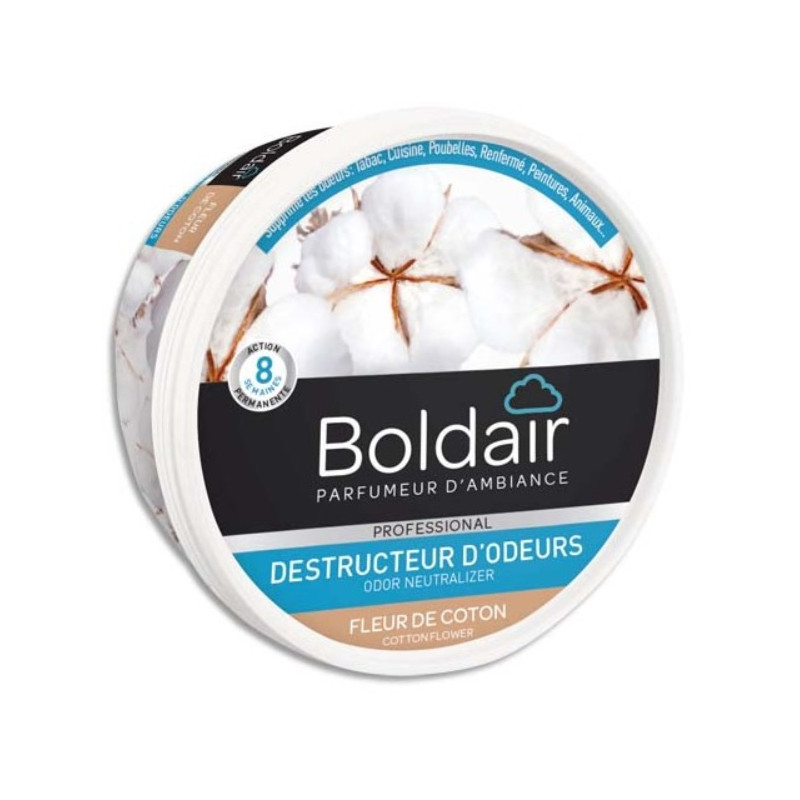 Destructeur d'odeurs gel 300g parfum fleur de coton BOLDAIR. Neutralise toutes les mauvaises odeurs (tabac, cuisine, moisissures?) Diffuse un agréable parfum fleur de coton Biodégradable et non toxique Action permanente longue durée : jusqu?à 8 semaines Contenance 300g Boldair gel destructeur d?odeurs est un destructeur d?odeurs permanent sous forme de gel solide. Il ne masque pas les mauvaises odeurs mais les détruit radicalement. Fonctionne par évaporation de ses agents actifs naturels : ils entrent en contact avec les molécules malodorantes en suspension dans l?air et les détruisent. Grâce à sa grille de diffusion, le gel s?évapore de façon régulière ayant ainsi une efficacité permanente et durable (jusqu?à 8 semaines). Il est efficace sur toutes les mauvaises odeurs : tabac, cuisine, poubelles, toilettes, moisissures, renfermé, animaux, peinture? Non toxique et biodégradable, il ne dégage pas de gaz. S?utilise partout ou les odeurs persistent : maison, voiture, bureau, vestiaires, collectivités?