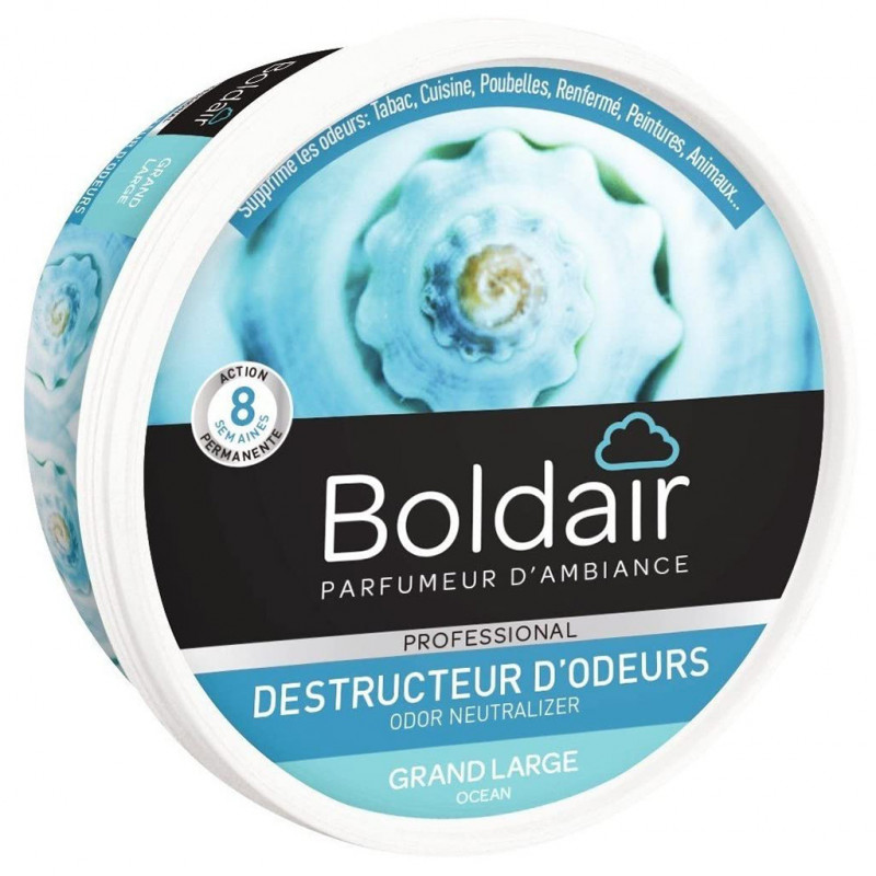 Destructeur d'odeurs gel 300g parfum grand large BOLDAIR. Neutralise toutes les mauvaises odeurs (tabac, cuisine, moisissures?) Diffuse un agréable parfum grand large Biodégradable et non toxique Action permanente longue durée : jusqu?à 8 semaines Contenance 300g Boldair gel destructeur d?odeurs est un destructeur d?odeurs permanent sous forme de gel solide. Il ne masque pas les mauvaises odeurs mais les détruit radicalement. Fonctionne par évaporation de ses agents actifs naturels : ils entrent en contact avec les molécules malodorantes en suspension dans l?air et les détruisent. Grâce à sa grille de diffusion, le gel s?évapore de façon régulière ayant ainsi une efficacité permanente et durable (jusqu?à 8 semaines). Il est efficace sur toutes les mauvaises odeurs : tabac, cuisine, poubelles, toilettes, moisissures, renfermé, animaux, peinture? Non toxique et biodégradable, il ne dégage pas de gaz. S?utilise partout ou les odeurs persistent : maison, voiture, bureau, vestiaires, collectivités?