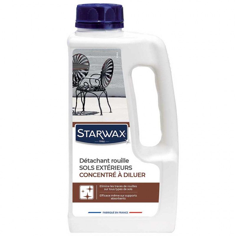 Détachant rouille pour sols extérieurs 1L STARWAX. Détachant rouille pour sols extérieurs 1L STARWAX - Élimine les traces de rouille, salpêtre et efflorescence - Pour les terrasses, allées et bords de piscine - Efficace sur les supports absorbants - Convient localement sur les supports non sensibles aux acides - Formule concentrée à diluer Bidon de 1L