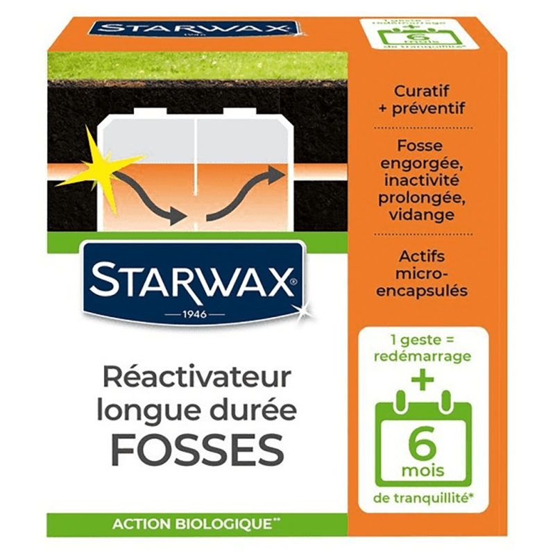 Ré-activateur longue durée pour fosses septiques 500g STARWAX. Ré-activateur longue durée pour fosses septiques STARWAX - Idéal pour re?activer une fosse engorge?e, laisse?e inactive ou après une vidange - Permet de re?ensemencer fortement la fosse apre?s une vidange - 1 geste = redémarrage de la fosse + 6 mois de tranquillité * - Agit biologiquement ** en continu (micro-capsules à effet retard) - Élimine les odeurs et prévient les engorgements - Pour fosses septiques ou bacs à graisses Boite de 500g