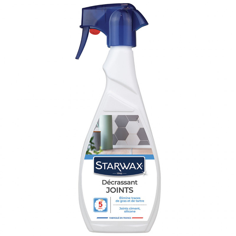 Décrassant pour joints 500ml STARWAX. Décrassant pour joints STARWAX - Idéal pour décrasser les joints - Élimine salissures, taches de graisse et traces colorées dues au tartre - Idéal dans les pièces d'eau (cuisine, salle de bains?) - Formule javellisée pour en effet détachant des joints clairs Pulvérisateur de 500 ml