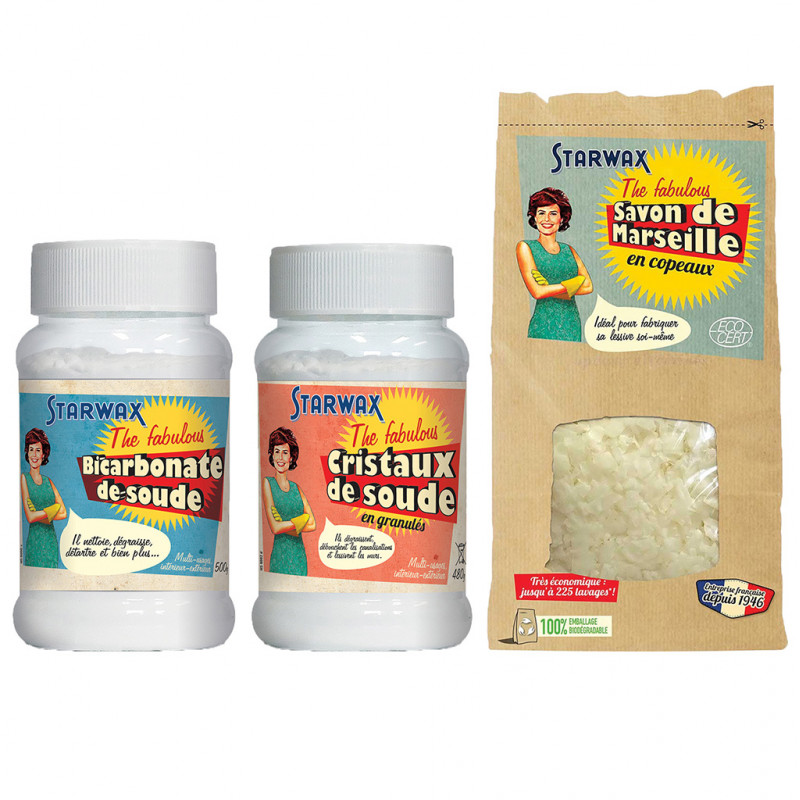 Pack Je fabrique ma lessive en poudre : Savon de marseille + Cristaux de soude + Bicarbonate de soud