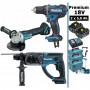 Pack Makita Premium 18V 5Ah: Perceuse 62Nm DDF482 + Meuleuse DGA504 + Perforateur 2J DHR202 + 2 batteries + 3 MakPac + chariot