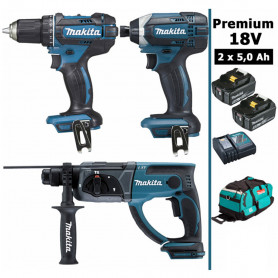 Pack Makita Premium 18V 5Ah: Perceuse 62Nm DDF482 + Perforateur 2J DHR202 + Visseuse à chocs 165Nm DTD152 + 2 batteries + sac Pack Makita Premium 18V 5Ah: Perceuse 62Nm DDF482 + Perforateur 2J DHR202 + Visseuse à chocs 165Nm DTD152 + 2 batteries + sac