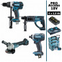 Pack Makita Pro 18V 5Ah: Perceuse DDF458 + Meuleuse DGA504 + Perforateur DHR202 + Visseuse à chocs DTD152 + 4 batt 5Ah