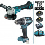 Pack Makita EXPERT PRO BL Motor 18V 2 machines 2 batt 5Ah Perceuse DDF484 + Meuleuse DGA506 sans charbon avec sac