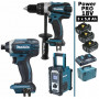 Pack Power PRO Makita 18V: Perceuse 91Nm DDF458 + Visseuse à chocs 165Nm DTD152 + Radio DMR108 + 3 batt 5Ah + coffret MAKPAC