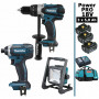 Pack Power PRO 18V: Perceuse 91Nm DDF458 + Visseuse à chocs 165Nm DTD152 + Lampe de chantier LED 750lm + 3 batt 5Ah + sac MAKITA