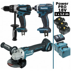 Pack Makita Power PRO 18V: Perceuse 91Nm DDF458 + Meuleuse 125mm DGA504 + Visseuse à chocs 165Nm DTD152 + 3 batt 5Ah + Coffrets Pack Makita Power PRO 18V: Perceuse 91Nm DDF458 + Meuleuse 125mm DGA504 + Visseuse à chocs 165Nm DTD152 + 3 batt 5Ah + Coffrets