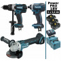 Pack Makita Power PRO 18V: Perceuse 91Nm DDF458 + Meuleuse 125mm DGA504 + Visseuse à chocs 165Nm DTD152 + 3 batt 5Ah + Coffrets