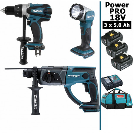 Pack Makita Power PRO 18V: Perceuse 91Nm DDF458 + Perfo 2J DHR202 + Lampe Torche Led 180lm + 3 batt 5Ah + sac MAKITA