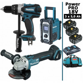 Pack Power PRO Makita 18V: Perceuse 91Nm DDF458 + Meuleuse 125mm DGA504 + Radio de chantier DMR108 + 3 batt 5Ah + sac Pack Power PRO Makita 18V: Perceuse 91Nm DDF458 + Meuleuse 125mm DGA504 + Radio de chantier DMR108 + 3 batt 5Ah + sac