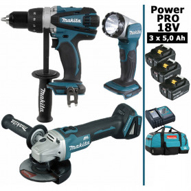 Pack Makita Power PRO 18V: Perceuse 91Nm DDF458 + Meuleuse 125mm DGA504 + Lampe Torche LED 180lm + 3 batt 5Ah + sac MAKITA Pack Makita Power PRO 18V: Perceuse 91Nm DDF458 + Meuleuse 125mm DGA504 + Lampe Torche LED 180lm + 3 batt 5Ah + sac MAKITA