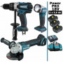 Pack Makita Power PRO 18V: Perceuse 91Nm DDF458 + Meuleuse 125mm DGA504 + Lampe Torche LED 180lm + 3 batt 5Ah + sac MAKITA