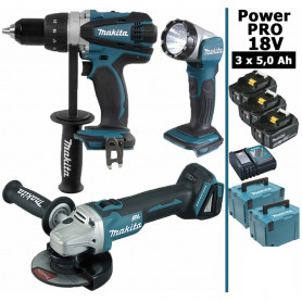 Pack Makita Power PRO 18V: Perceuse 91Nm DDF458 + Meuleuse 125mm DGA504 + Lampe + 3 batt 5Ah + 2 Coffrets Makpac MAKITA Pack Makita Power PRO 18V: Perceuse 91Nm DDF458 + Meuleuse 125mm DGA504 + Lampe + 3 batt 5Ah + 2 Coffrets Makpac MAKITA