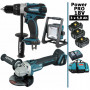 Pack Makita Power PRO 18V: Perceuse 91Nm DDF458 + Meuleuse 125mm DGA504 + Lampe de chantier LED 750lm + 3 batt 5Ah + sac MAKITA