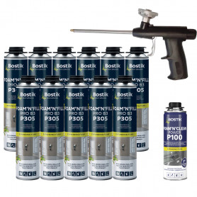 Pack 11 Mousses expansives PU pistolable P305 Foam'n'Fill Pro B3 750ml + Nettoyant P100 500ml + Pistolet manuel OFFERT BOSTIK Pack 11 Mousses expansives PU pistolable P305 Foam'n'Fill Pro B3 750ml + Nettoyant P100 500ml + Pistolet manuel OFFERT BOSTIK