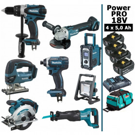 Pack MAKITA Power PRO 8 outils 18V : DDF458 + DGA504 + DTD152 + DJV180 + DSS610 + DJR186 + DMR108 + DEADML805 + 4 batt 5Ah + sac Pack MAKITA Power PRO 8 outils 18V : DDF458 + DGA504 + DTD152 + DJV180 + DSS610 + DJR186 + DMR108 + DEADML805 + 4 batt 5Ah + sac