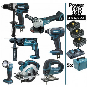 Pack Makita Power PRO 7 outils 18V: DDF458 + DHR202 + DGA504 + DTD152 + DJV180 + DSS610 + DEADML802 + 3 batt 5Ah + 5 Coffrets Pack Makita Power PRO 7 outils 18V: DDF458 + DHR202 + DGA504 + DTD152 + DJV180 + DSS610 + DEADML802 + 3 batt 5Ah + 5 Coffrets